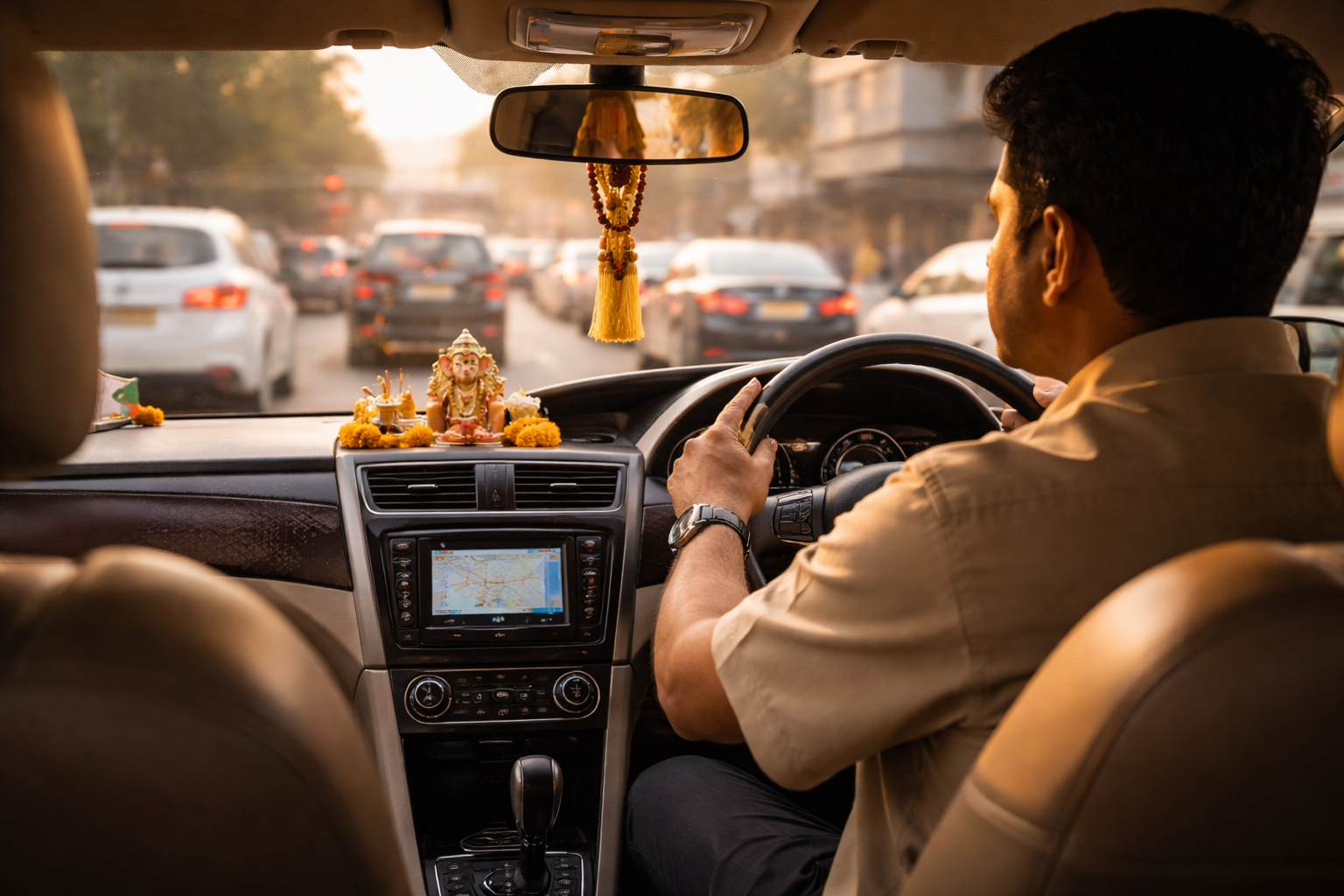 Driver perspective from inside a vehicle in the city